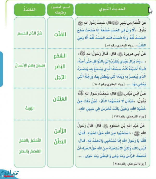 احدد اسماء الاعضاء المذكورة في الاحاديث الشريفة الاتية او وظيفتها بمشاركة من بجواري اكتب فائدة مما يستفاد من كل؟