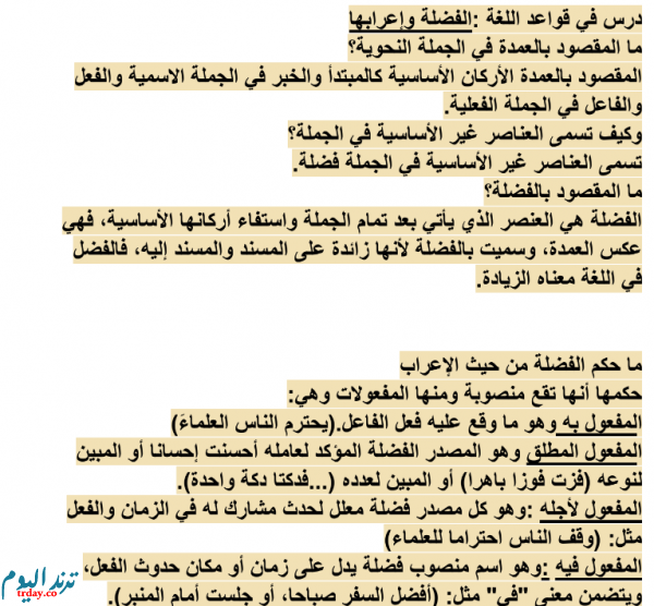 تحضير درس الفضلة واعرابها للسنة الثالثة ثانوي 'تحضير درس الفضلة واعرابها للسنة الثالثة ثانوي'