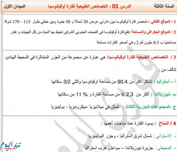 تحضير درس الخصائص الطبيعية لأوقيانوسيا في الجغرافيا للسنة الثالثة متوسط - الجيل الثاني