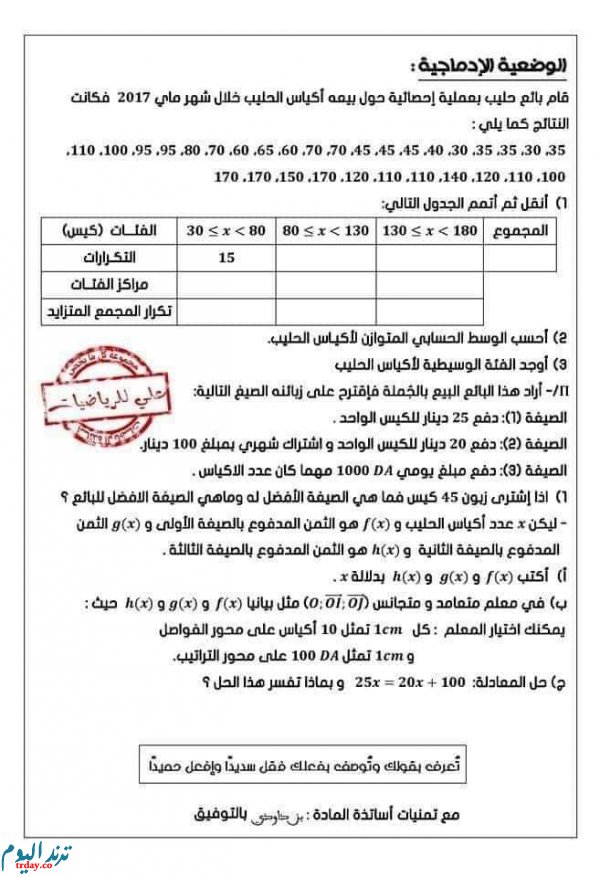 موضوع الرياضيات لشهادة التعليم المتوسط 2020 'موضوع الرياضيات لشهادة التعليم المتوسط 2020'