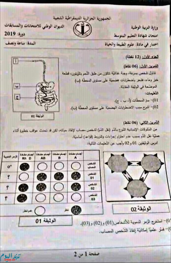 موضوع العلوم الطبيعية لشهادة التعليم المتوسط 2020 'موضوع العلوم الطبيعية لشهادة التعليم المتوسط 2020'