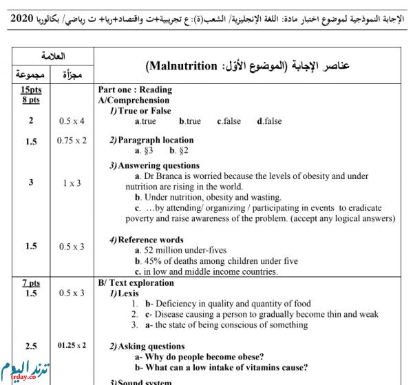 تصحيح موضوع اللغة الانجليزية بكالوريا 2020 شعبة لغات اجنبية