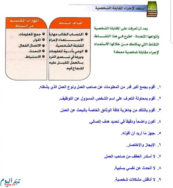 بعد ان تعرفت على المقابلة الشخصية وانواعها المتعددة ، اطرح في هذا النشاط الاستعداد لاجراء المقابله الشخصيه