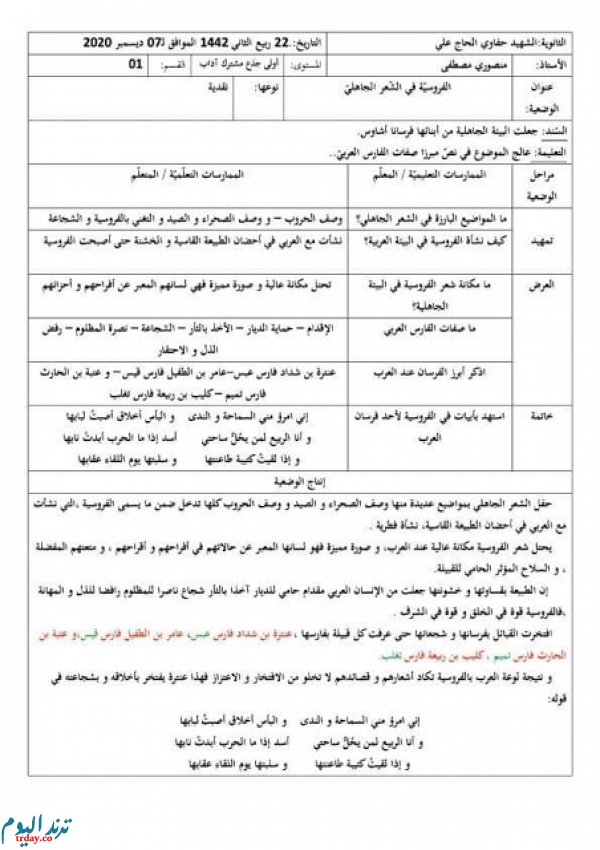 الوضعية النقدية لوحدة الفروسية في الشعر الجاهلي للسنة اولى ثانوي اداب