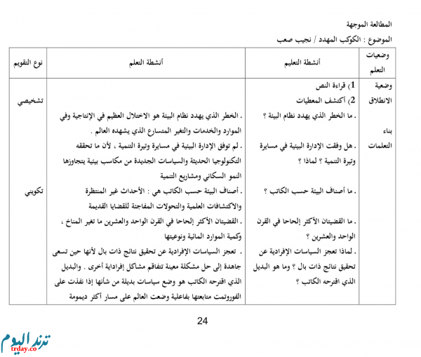 تحضير نص الكوكب المهدد للسنة 1 ثانوي علمي