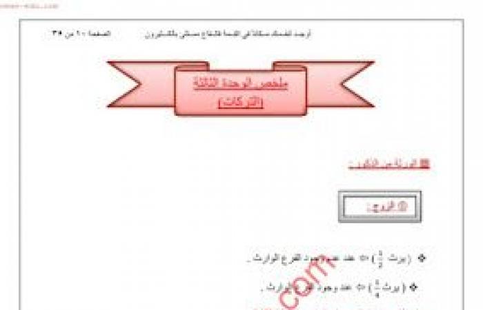 ملخص الواحدة ( التركات ) للصف الثاني عشر الفصل الثاني