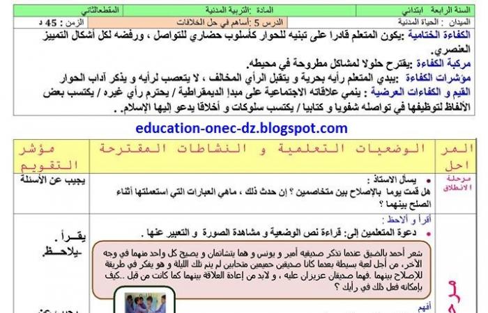 مذكرات درس اساهم في حل الخلافات في التربية المدنية للسنة الرابعة ابتدائي الجيل الثاني