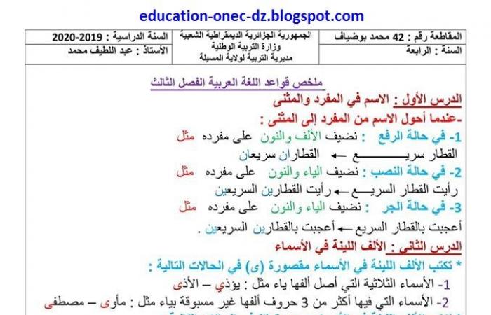 ملخص قواعد اللغة العربية للفصل الثالث سنة رابعة ابتدائي المكيفة مع الجيل الثاني