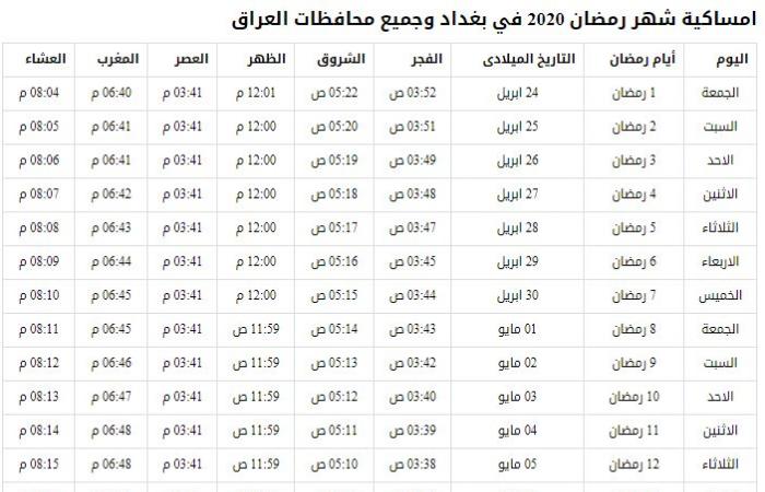 امساكية رمضان في العراق بكافة المحافظات مع عدد ساعات الصيام