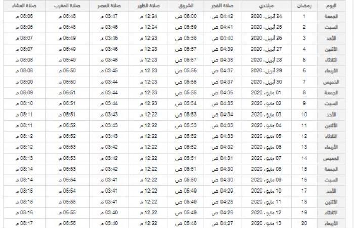 امساكية رمضان 1441 الطائف