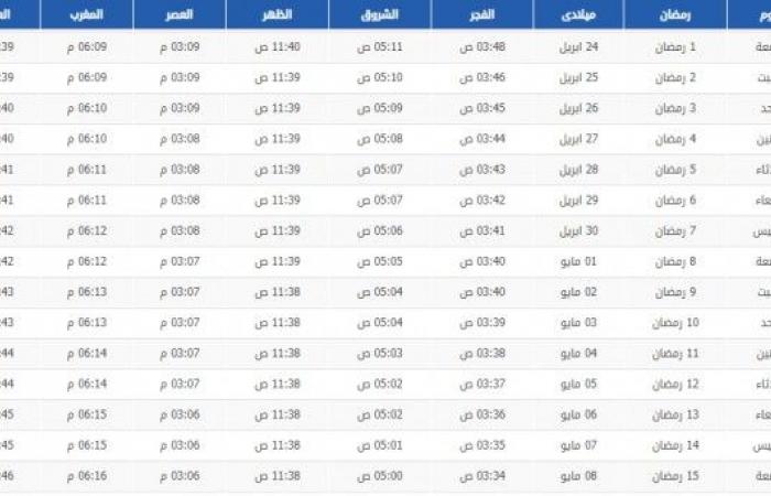 امساكية رمضان 2020 الاحساء