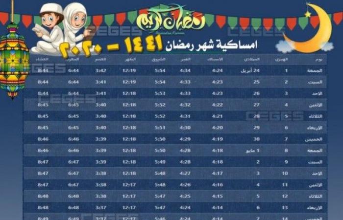 امساكية شهر رمضان 1441السعودية وموعد اذان الفجر والمغرب بالسعودية