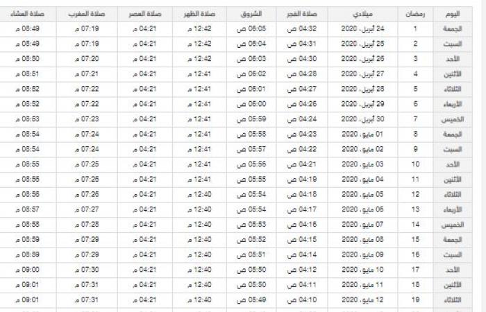 امساكية رمضان 2020 الاردن pdf