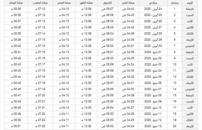 امساكية رمضان 2020 السعودية تبوك