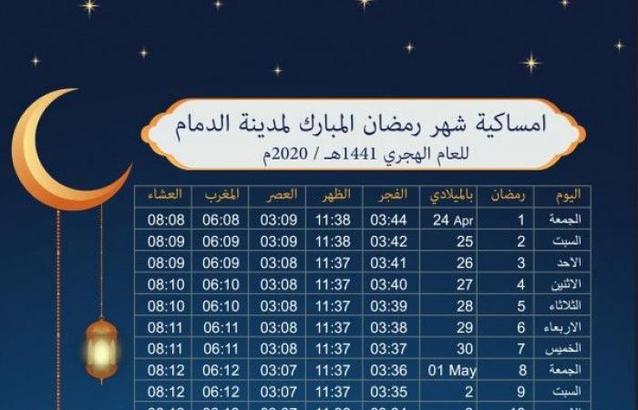 امساكية شهر رمضان 2020 في السعودية لمدينة الدمام