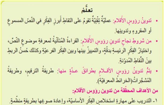 تحضير درس تقنية تدوين رؤوس الاقلام للسنة الثانية متوسط