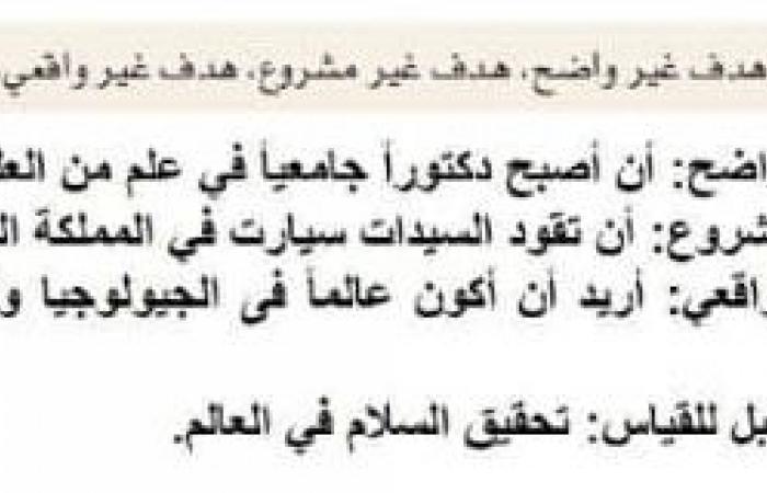 اكتب مثال لكل مما يلي هدف غير واضح هدف غير مشروع هدف غير واقعي هدف غير قابل للقياس