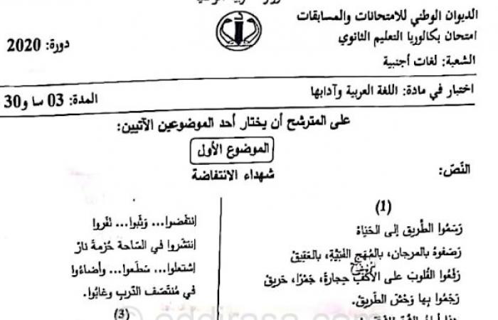 تصحيح موضوع اللغة العربية بكالوريا 2020 شعبة لغات اجنبية