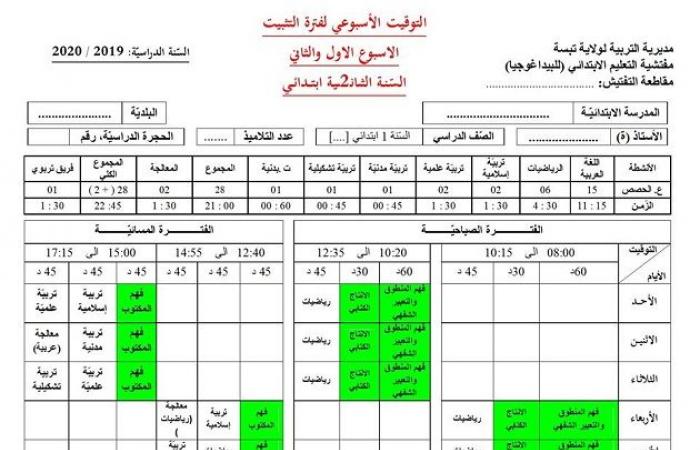 التوقيت الاسبوعي لفترة التثبيت السنة 2 الثانية ابتدائي 2020-2021