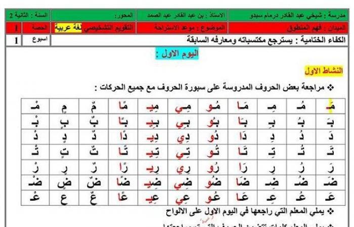 مذكرات اسبوع التقويم التشخيصي اللغة العربية السنة الثانية ابتدائي PDF