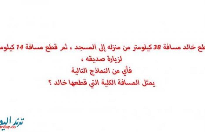 قطع خالد مسافة ٣٨ كيلومتر من منزله إلى المسجد ، ثم قطع مسافة ١٤ كيلومتر لزيارة صديقه ، فأي من النماذج التالية يمثل المسافة الكلية التي قطعها خالد ؟