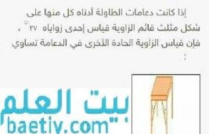 إذا كانت دعامات الطاولة أدناه كل منها على شكل مثلث قائم الزاوية قياس إحدى زواياه ٣٧ فإن قياس الزاوية الحادة الأخرى في