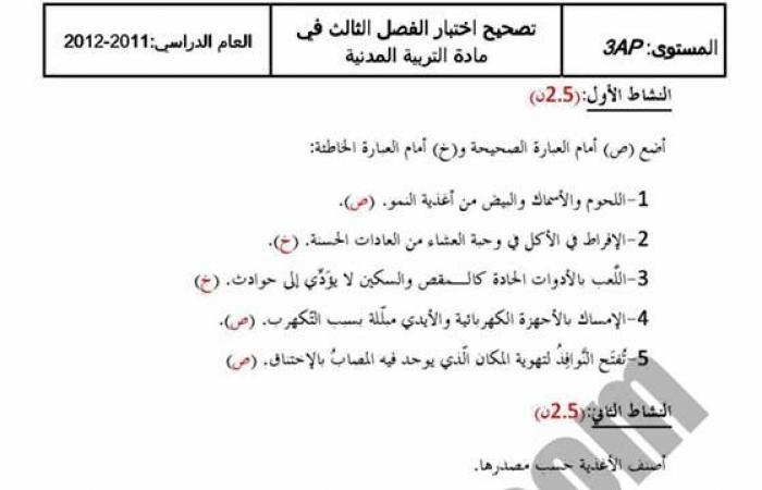 إختبارات الفصل الثالث للسنة الثالثة ابتدائي في التربية المدنية